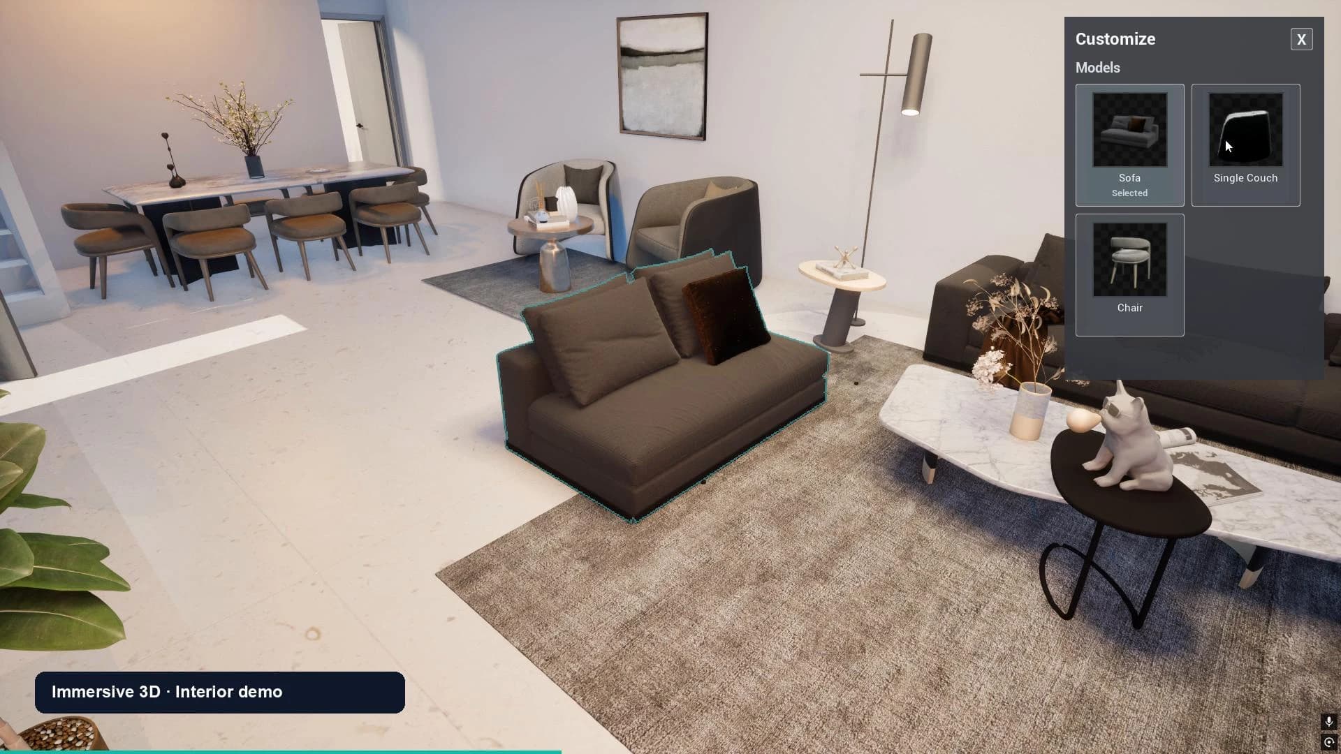 Navirt interior walkthrough showing a furnished living room and furniture customization